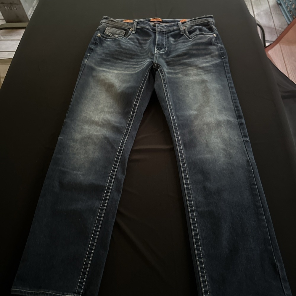 True Rebel 805 Straight Jeans Men 36x32 Blue Dark Wash Whiskered Denim